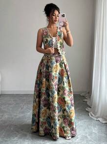 Elenzga 2pcs/Set Women Standard-Sized Shell Trim Open Front Top + Embroidered Multi-Color Skirt - Multicolor - View 3