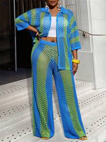 Slaydiva 大码2025新款时尚度假休闲镂空无领长袖开衫+阔腿裤蓝绿色针织两件套女毛衣套装 - 彩色 - 查看 11