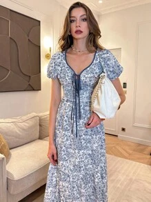 Pariaura 女士优雅蓝色拼接撞色印花长袖中长连衣裙 - 藍色 - 查看 1