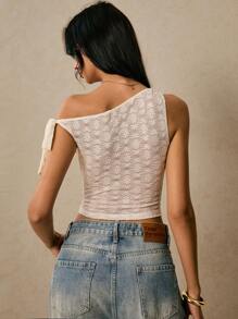 Poéselle Blusa de encaje blanco, diseño asimétrico de hombros, lazo, encaje de margarita, blusa corta asimétrica de unicolor elegante de mujer de encaje, para verano