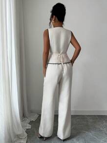 Elenzga 波西米亚风雪纺拼色波浪肩带无袖短款上衣和松紧腰阔腿裤 2 件套，适合女士春夏 - 杏色 - 查看 2