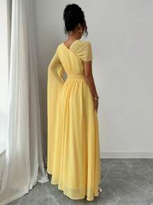 Elenzga Váy xòe xếp nếp cổ bất đối xứng lót chiffon thanh lịch cho nữ dự tiệc trà chiều, mùa xuân/hè - Màu vàng - Xem 2