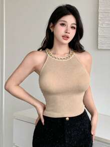 DAZY Shiny Sequin Decor Halter Neck Women's Fitted Fashion Tank Top - Khaki - View 3