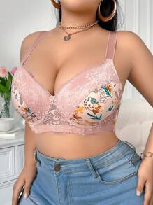 SHEIN 1pc Plus Size Lace Insert Printed Underwire Bra - Apricot - View 5