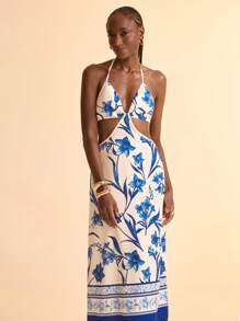 CAJUNI 女士度假休闲流苏印花镂空长裙 - 藍白色 - 查看 3