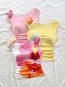 Soleia Blusa de punto con estampado tropical asimétrico de flores 3D, elegante y bohemia, ideal para vacaciones, boda en la playa, graduación, brunch primaveral, Semana Santa, festivales de música