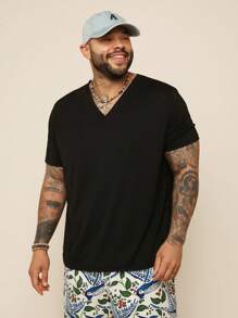 EASEVO Men's Plus Size Elastic Knit V-Neck Black Short Sleeve T-Shirt, Slim Fit, Summer, School