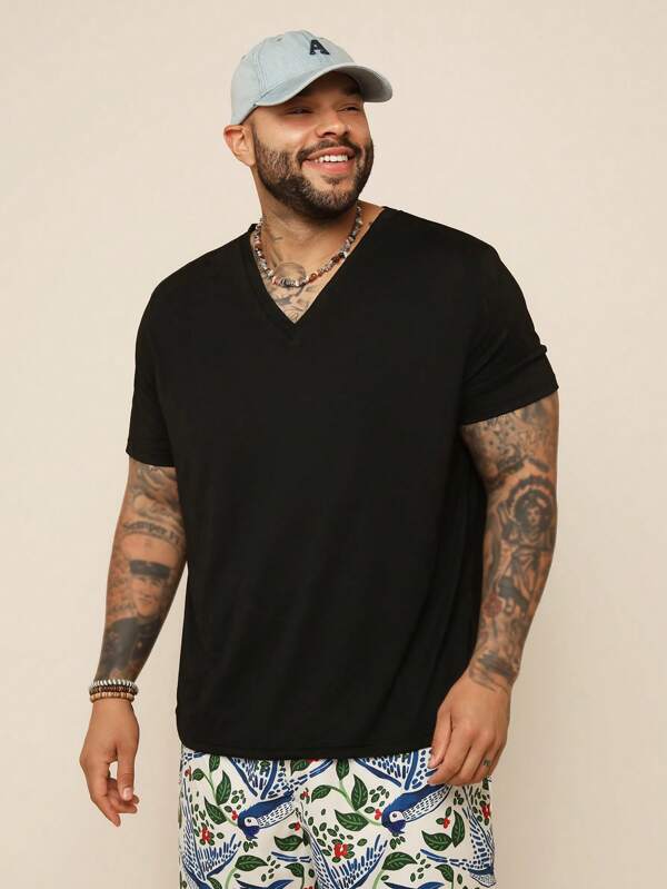 EASEVO Camiseta de manga corta de punto elástico con cuello en V negra de talla grande para hombres, corte slim, ideal para verano, escuela