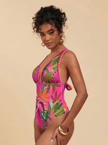 Travachic 女士热带植物印花低胸连体泳衣
