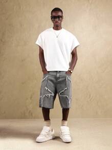 SUMWON Distressed Denim Jorts High Fashion Star Pattern Cut Out Design Knee Length Street Style Festival Summer Shorts