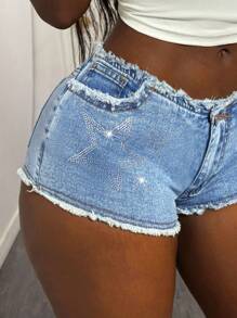 Slaydiva Fashionable Sexy Rhinestone Decorated Women Denim Shorts For Party - Blue - View 7