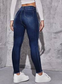 Flexra Ripped Raw Trim Skinny Jeans - Dark Wash - View 2