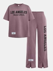 SHEIN 青少年女孩两件套：宽松字母印花装饰阔腿裤和上衣 - 淺灰紫 - 查看 9