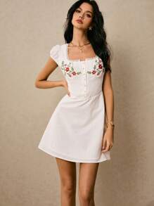 Poéselle Women Floral Embroidered Single-Breasted Cap Sleeve Casual Mini Dress
