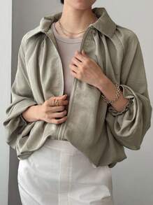 FRIFUL Women's Collared Solid Color Textured Fabric Pleated Cuff Zip Up Loose Casual Versatile Jacket, Business Casual, Autumn - Green - View 5