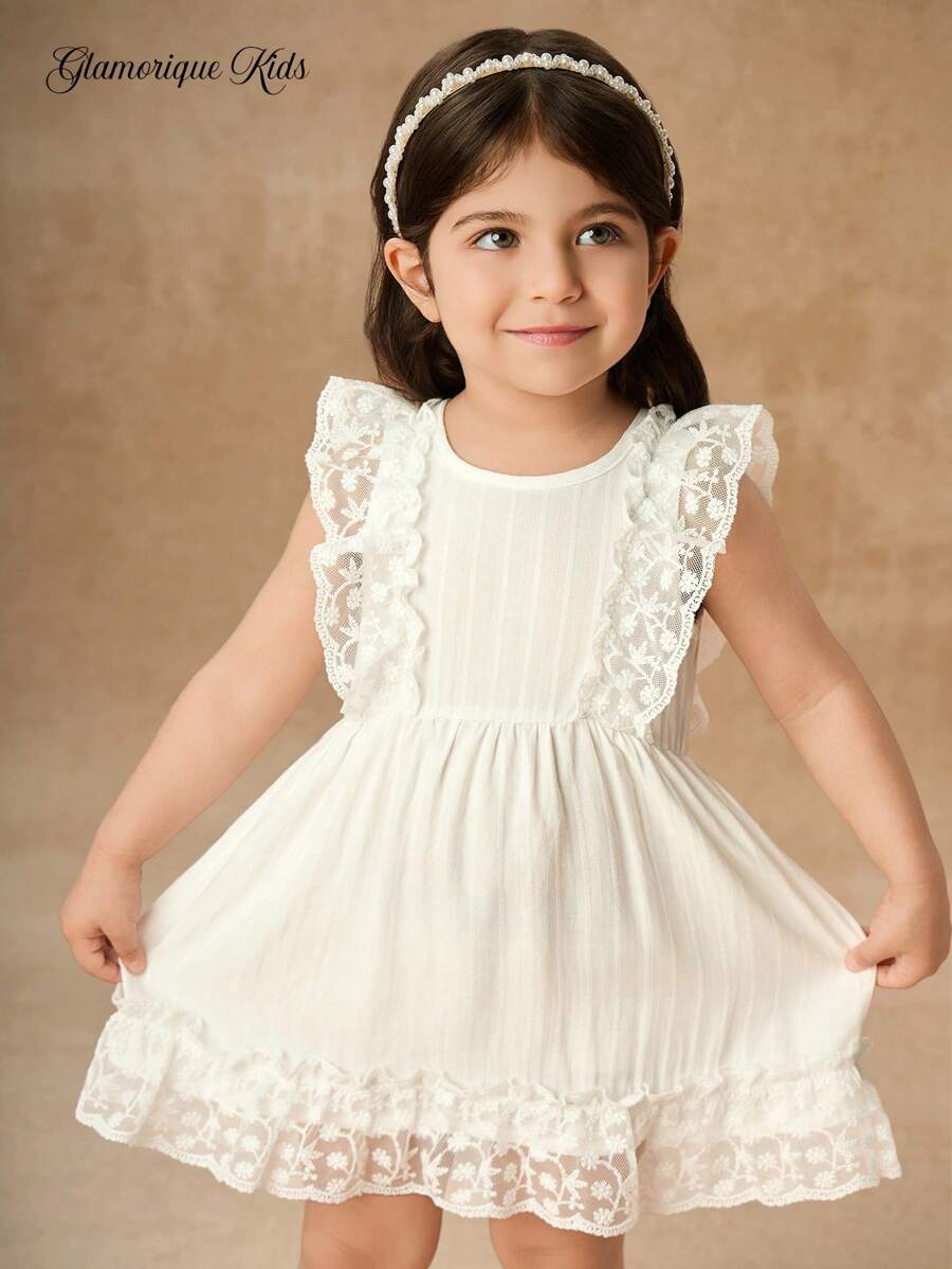 SHEIN Glamorique Kids Đầm ren tương phản cổ tròn dễ thương cho bé gái mùa xuân/hè mới, thoải mái và thời trang, thiết kế tối giản - trắng - Xem 1