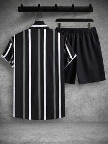Manfinity Homme 男士两件套条纹短袖单排扣衬衫和短裤休闲套装（不对称剪裁）男士两件套服装男士两件套服装男士两件套服装男士两件套服装 - 彩色 - 查看 2