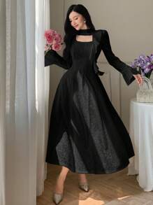 DAZY Women's Solid Color Lace-Up Waist Maxi Chiffon Dress With Flare Sleeves, Elegant For Spring, Summer And Autumn - Black - View 3