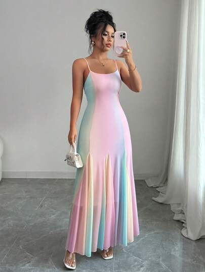 Rafferiza Women Summer Dopamine Girl Sweet Rainbow Chiffon Dress, Elegant Boho Spaghetti Strap French Style Vacation Dress