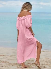 Swim Vcay Women's Ruffled Off Shoulder Midi Beach Dress, Sexy Beachwear, Lantern Sleeve Wedding Guest Slit Flowy Dress For Summer Beach Vacation