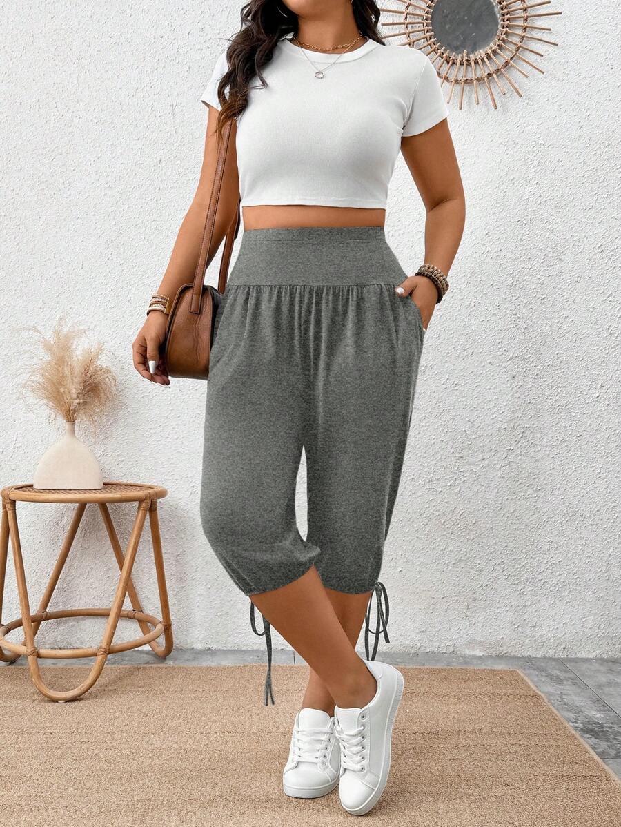 SHEIN LUNE Pantalones elegantes casuales de talla grande con bolsillos sesgados para mujeres, nueva longitud de 7/10