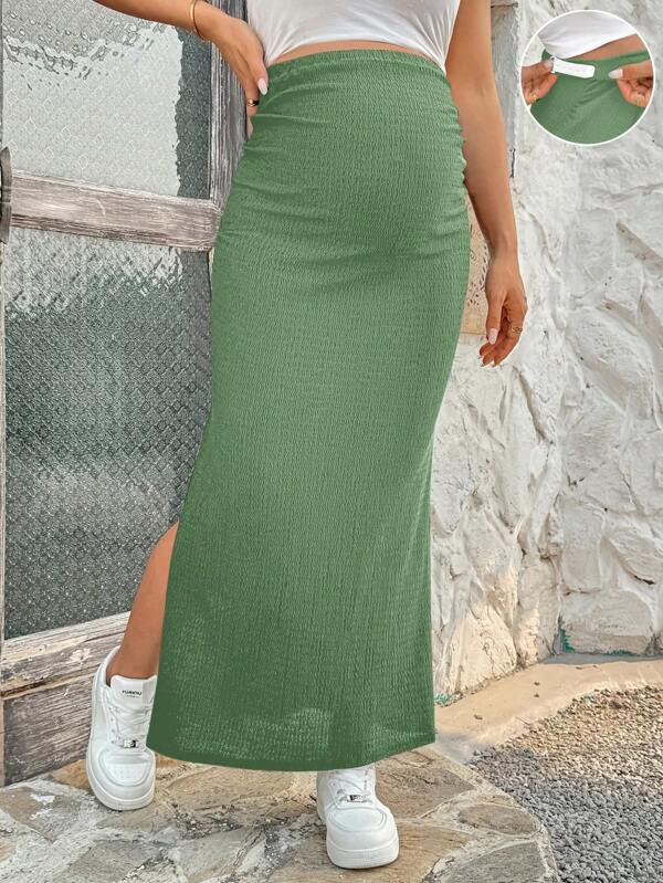 SHEIN تنورة عالية الخصر ذات شق جانبي بلون أحادي مناسبة للحوامل للصيف