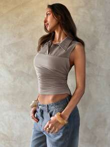 Aloruh 女式立领褶饰无袖衬衫 - 卡其色 - 查看 7