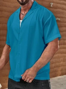 Manfinity Homme Áo sơ mi nam tay ngắn cài nút phía trước màu xanh trơn dáng rộng, thường ngày, mùa hè - Màu xanh ngọc - Xem 3