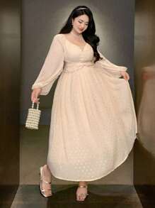 Dazy Plus Vestido plus size de chiffon com lantejoulas, laço na cintura e mangas bufantes. Ideal para o outono, festas de formatura e eventos formais. Vestido elegante para mulheres. - Damasco - Ver 3