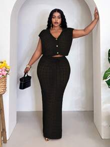 Slaydiva Plus Size Summer Casual Solid Color Hollow Out Knitted Vest And Skirt Set Plus Size Skirt Set Plus Size 2 Pieces Set 2 Pieces Sets Curvy Curve Skirt Set Plus Size Crochet Skirt Set,Teacher Outfits For Women In Fall/Winter
