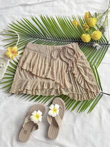 Soleia Women's Vacation Beige Knitted Textured Asymmetrical Hem Ruffle Tie Front Mini Skirt, Suitable For Party, Sexy, Valentine's Day, Date, Afternoon Tea, City Vacation, Western, Music Festival, Beach, Summer Beach Cover Up Skirt Ruffle Skirt Swimsuit Cover-Up Bikini Cover Up Skirt Bathing Suit Cover Up Skirt - Khaki - View 4