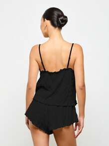 AiiRZ Set de pijama de vară cu volane texturate, cu decolteu în V, pijamale de noapte, pijamale de casă, pijamale de primăvară și toamnă, camisol