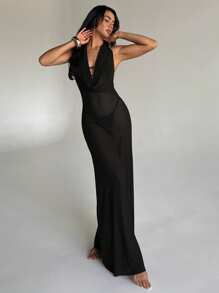 Aloruh 女士节日装纯紫色深垂领性感露背连衣裙，优雅露背系带沙滩罩衫 - 黑色 - 查看 1