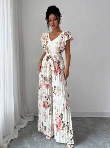 Selianne Mono elegante con cuello en V con volante, cintura plisada, pierna ancha, para vacaciones y resort - Multicolor - Ver 3