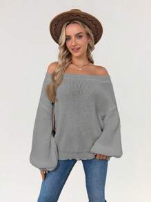 SHEIN LUNE Áo len đan ấm áp hở vai tay đèn lồng cho nữ, mùa thu/đông - Xám - Xem 1