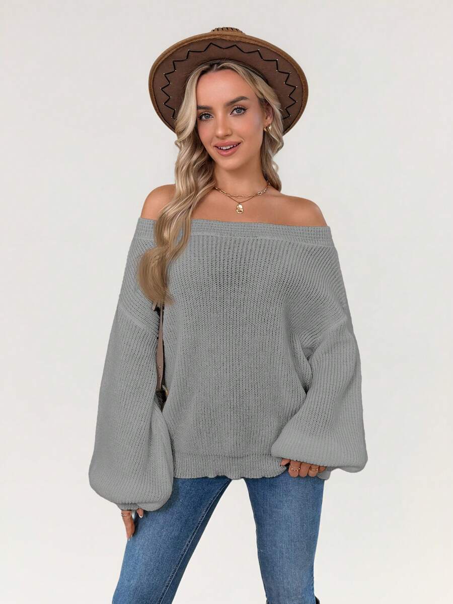 SHEIN LUNE Áo len đan ấm áp hở vai tay đèn lồng cho nữ, mùa thu/đông - Xám - Xem 1