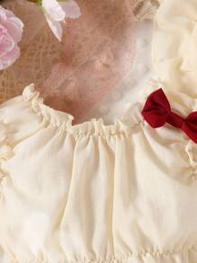 Baby Girl Frill Trim Top & Bow Front Shorts & Accessory Hat Set - Apricot - View 5