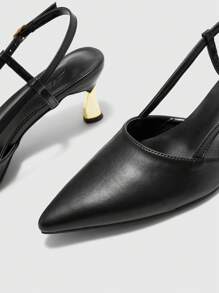 CUCCOO BIZCHIC Mulas de tacón alto para mujer con puntera en punta, tira trasera, formal, de fiesta, para ir al trabajo, con combinación de talón bañado en metal - Negro - Ver 7