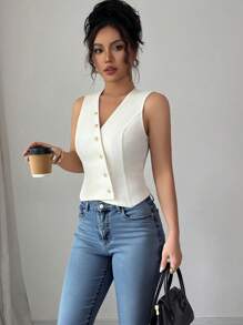 Elenzga Camiseta sin mangas con cuello en V y botones frontales, elegante para el trabajo en verano - Albaricoque - Ver 6