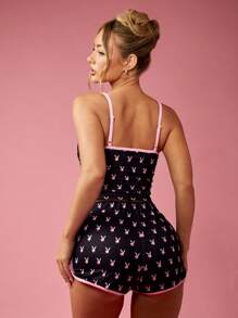 Missguided x Playboy 圣诞兔子印花两件套背心海豚短裤家居服套装 - 黑色 - 查看 2