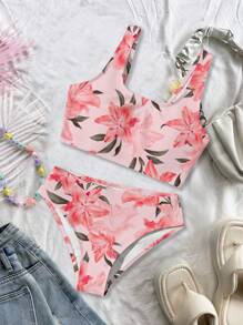 Conjunto de traje de baño informal para niñas preadolescentes con Top tipo camisola con estampado floral y Bottom triangular para el verano