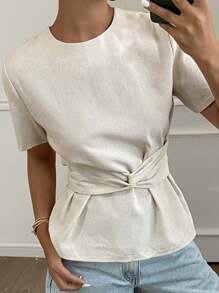 Livesso 女式夏季圆领抽绳短袖上衣 - 杏色 - 查看 4