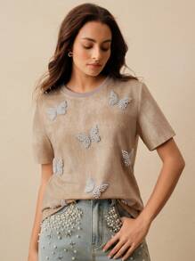 Anewsta Fashionable Rhinestone Butterfly Ruffle Trim Women Short Sleeve T-Shirt - Khaki - View 3