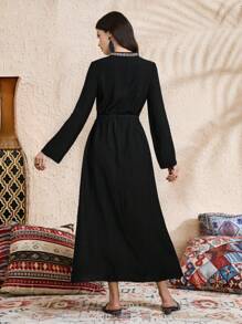 Al Najma Women Woven Ribbon Decor Notched Neck Long Dress