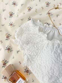 SHEIN 少女白色优雅蕾丝圆领插肩袖半透明蕾丝衬衫，优雅短袖蕾丝上衣，学院风 Y2K - 白色 - 查看 3