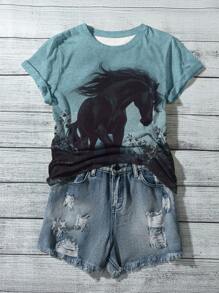 INAWLY 女士休闲马匹印花圆领短袖 T 恤，适合夏季度假 - 彩色 - 查看 1