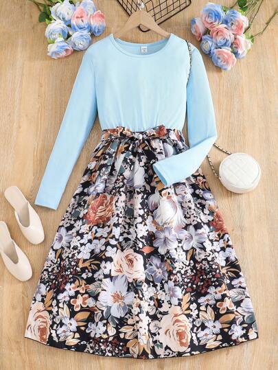 Elegant Floral Print Mid-Length Cinched Waist Waist Dress For Teenage Girls