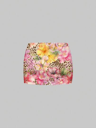ROMWE Avant Full Print Leopard Flower Sequin Sexy Bodycon Mini Skirt, Low Waist