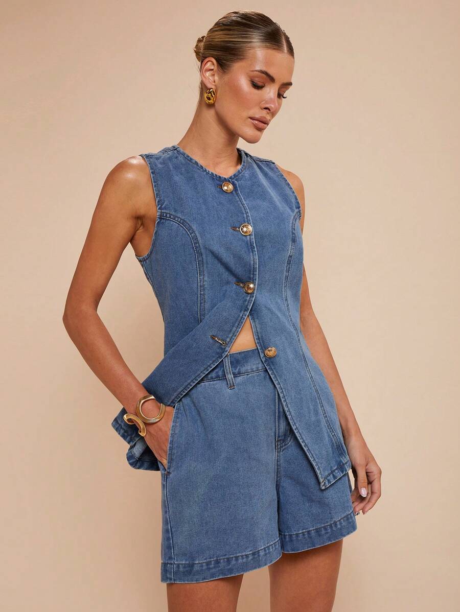 COSMINA Women Denim Two Pieces Outfits - Blue - View 1