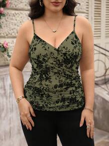 SHEIN Clasi 大码女式花卉印花荷叶边修身吊带背心，适合度假穿着 - 軍綠色 - 查看 8